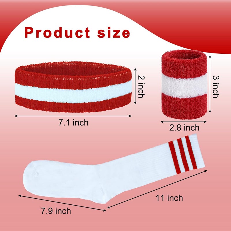 Sucrain 5 Pieces Striped Sweatbands and Socks Set, Sports Sweatbands Wrist Sweat Bands Red, White& Blue High Tube Socks 80s Accessories Costumes for Men Women - Image 2